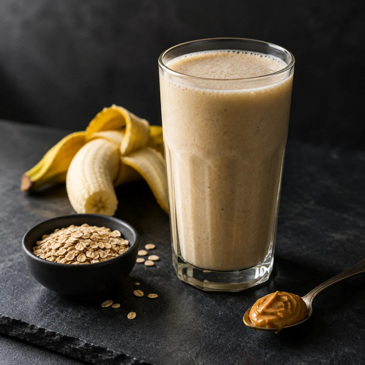 A tall glass of banana and peanut butter shake with oats, a banana and a spoon of peanut butter beside it