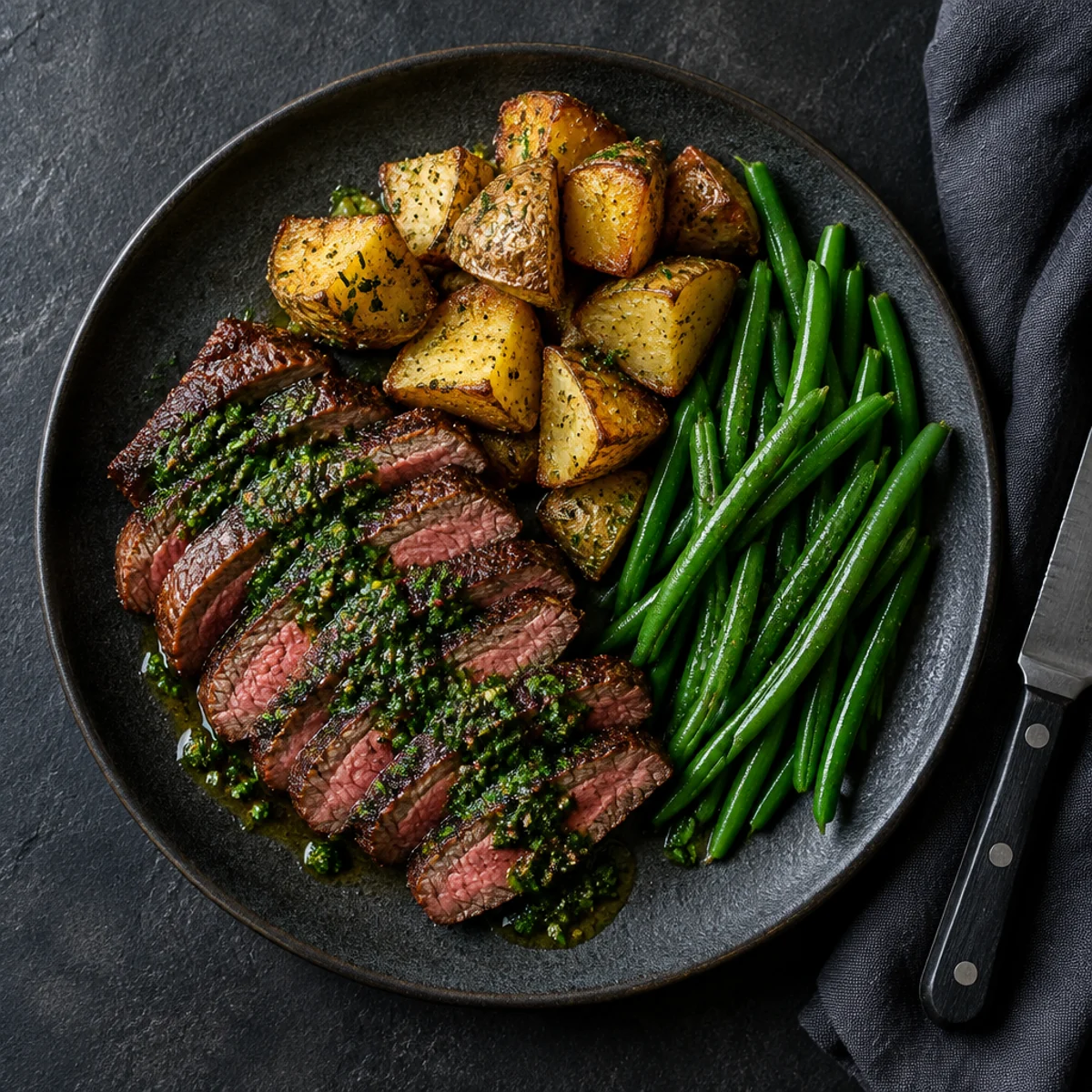 Sliced sirloin with herb sauce, roast potatoes and green beans on a dark plate